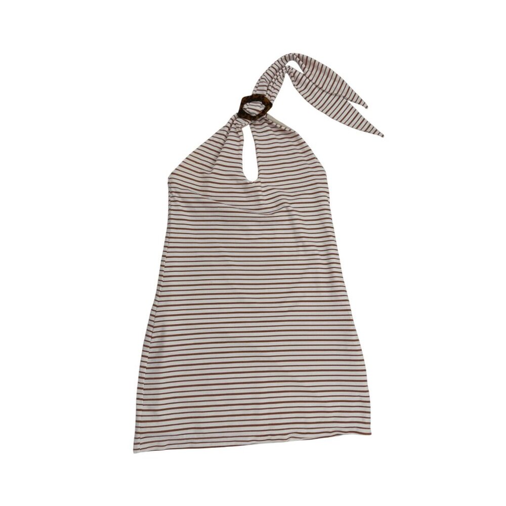 Tasya Striped Halter Mini Dress With Tortoise Ring Detail & Keyhole Neckline L - Picture 2 of 10